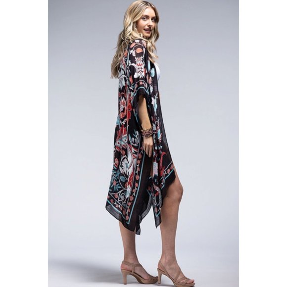 SOLD OUT Teal Black Leaf & Flower Printed Kimono Open Wrap Coverup Kimono Top - Picture 4 of 5